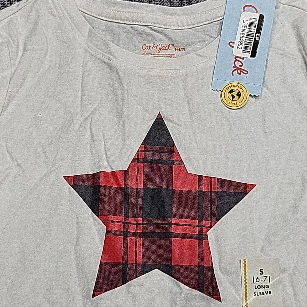 Girls Long Sleeves Plaid Star Graphic Tee Shirt Top Small Size 6/7 Cream